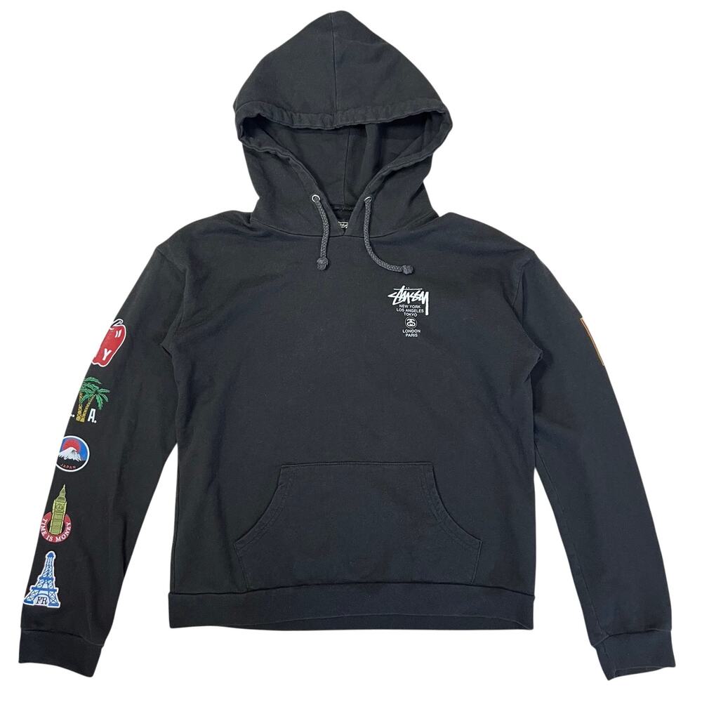 Stussy World Tour Hoodie WOMENS M Black Graphic Sleeve Streetwear Skate USA